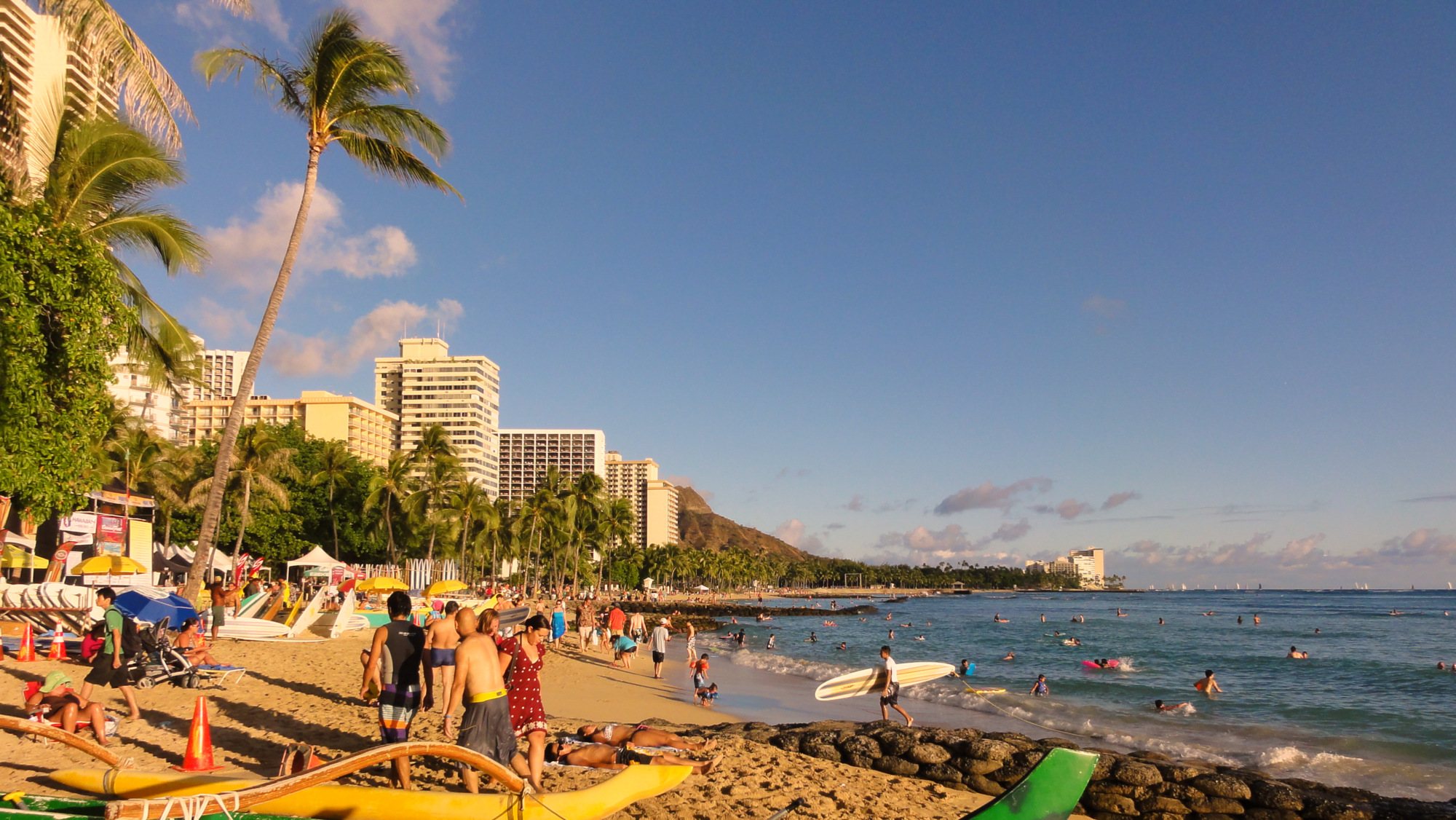 Waikīkī Beach shoreline with hotels and Diamond Head in the distance
